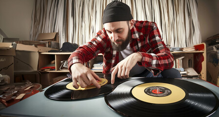 Bearded caucasian man playing vinyl records in his home studio