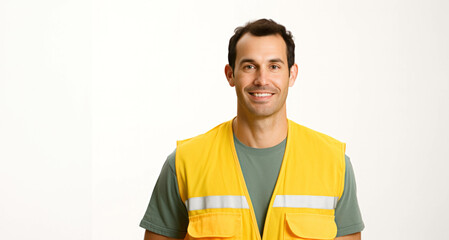 Portrait of a smiling young man in yellow vest on white background