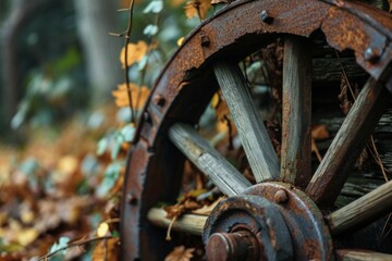 Old wooden wagon wheel in autumn forest. Shallow depth of field.