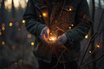 A boy holds a sparkler in his hands in the forest. - Powered by Adobe