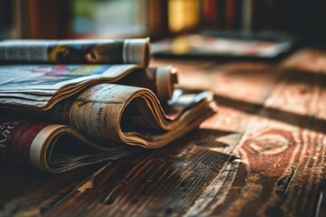 Newspapers on a wooden table. Vintage style. Selective focus. - obrazy, fototapety, plakaty