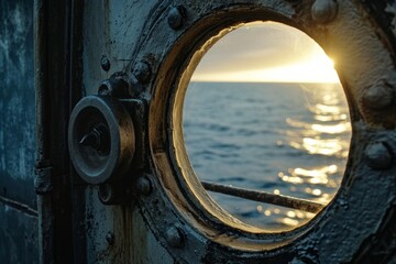 Sunset on the sea through the window of an old ship, close-up