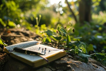 Notebook and pen on the wood in the garden at sunset.