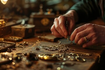 Jeweler working with precious stones in his workshop, closeup