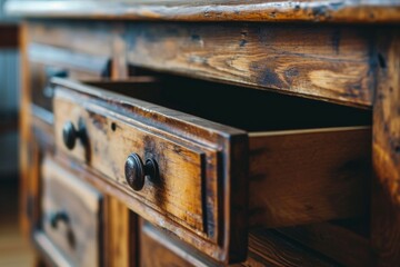 Closeup of an old wooden chest of drawers in the room