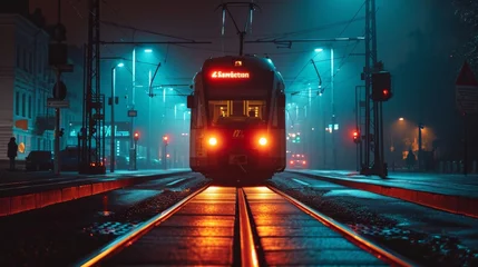 Tuinposter Nighttime shot of an electric train with light crossing © Sasint