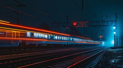 Fototapeta na wymiar Nighttime shot of an electric train with light crossing