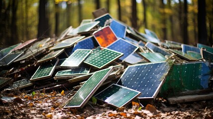 End of life solar panels   difficult to recycle renewable energy hardware   broken equipment. - obrazy, fototapety, plakaty