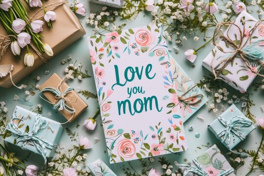 A close-up shot of a handmade Mother's Day card with text "Love you, mom" surrounded by small, thoughtful gifts