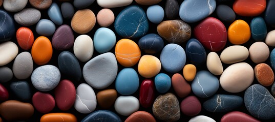 Fototapeta na wymiar Close up of colorful beach pebbles smooth textures and vibrant hues under sunlight