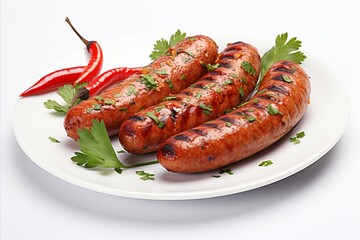 Grilled sausages assortment  bratwurst, hot dogs, chorizo  isolated on white background