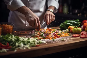 Gordijnen Close up of a chef s knife slicing vibrant fresh vegetables in dynamic studio lighting © Ilja