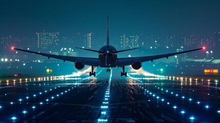 Passenger Airplane take off from runways at night
