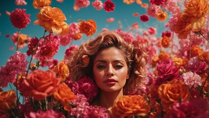 Woman Amidst Vibrant Flowers under Blue Sky.