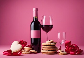 Valentines Day ribbon shaped cookies background wine bottle glass pink heart Composition celebration