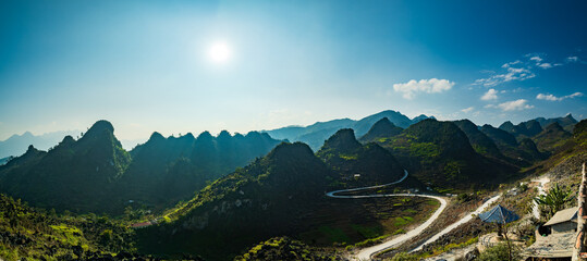 Ha Giang aerial landscape in Northern Vietnam. drone aerial view of Ha Giang Loop tour route...