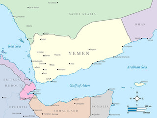 Colorful political map of Yemen and surrounding countries.