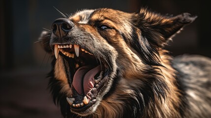 Captivating wild dog howling passionately in untamed, rugged wilderness landscape, with intense eyes