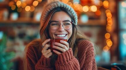 Portrait of joyful young woman enjoying a cup of coffee at home. Smiling pretty girl drinking hot tea in winter. Excited woman wearing spectacles and sweater and laughing in an autumn day.