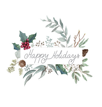 Happy Holidays botanical watercolor arrangement