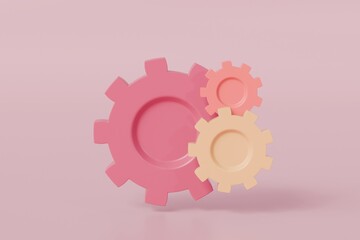 3D three gears icon symbol isolated on pink background. tri or three gear option icon. Engineering teamwork concept. minimal cartoon sytle 3d icon design. graphic element.3d render illustration.