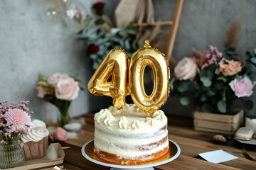 Obraz na płótnie Canvas Happy 40th birthday. Gold helium 40 birthday balloons on a birthday cake