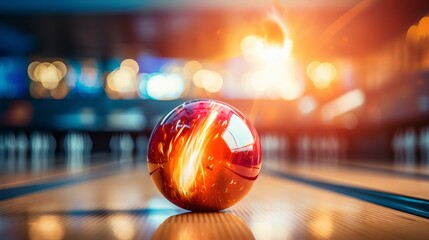 Bowling ball striking pins on alley lane in sport competition or tournament photography