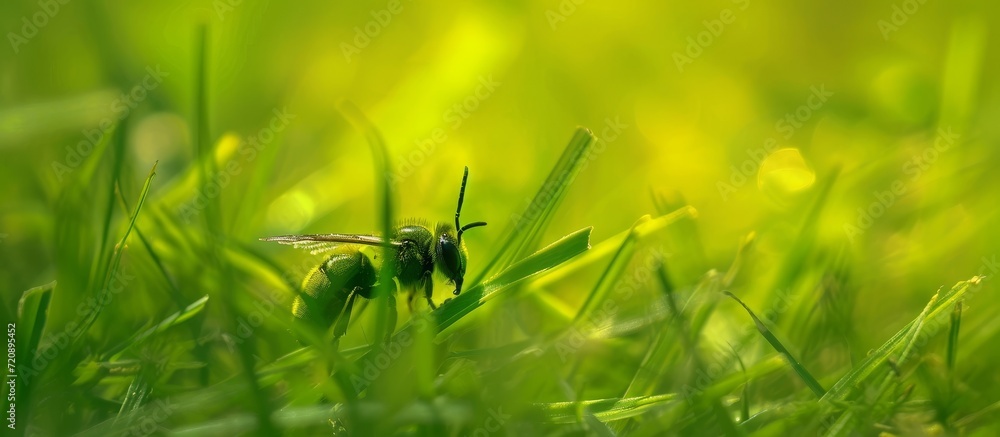 Canvas Prints Vibrant Green Bee Buzzing through Lush Grass