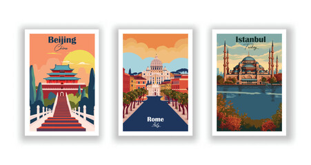 Obraz premium Beijing, China. Istanbul, Turkey. Rome, Italy. Vintrage travel poster. Wall Art and Print Set for Hikers, Campers, and Stylish Living Room Decor.