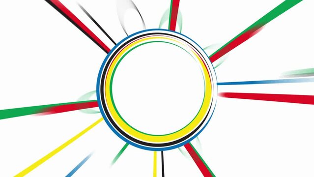 white background animation with striped lines around in circle with summer olympic games color palette. Radial empty space for logo or text template