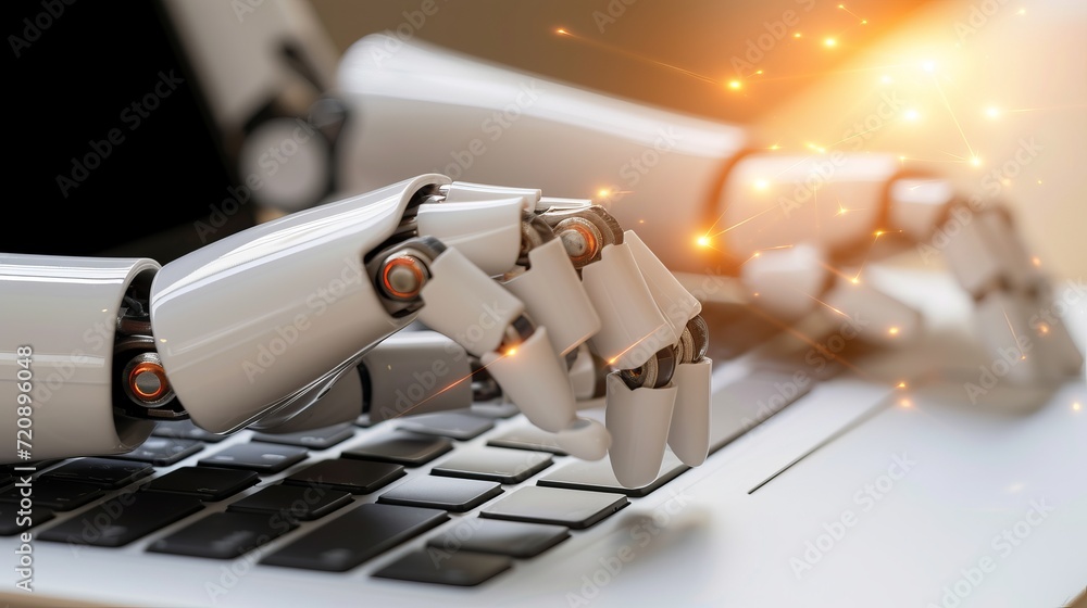 Poster artificial intelligence technology robot hand typing on laptop with glowing infographic lines