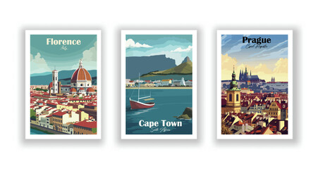 Fototapeta premium Cape Town, South Africa. Florence, Italy. Prague, Czech Republic. Vintrage travel poster. Wall Art and Print Set for Hikers, Campers, and Stylish Living Room Decor.