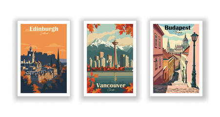 Naklejka premium Budapest, Hungary. Edinburgh, Scotland. Vancouver, Canada. Vintrage travel poster. Wall Art and Print Set for Hikers, Campers, and Stylish Living Room Decor.