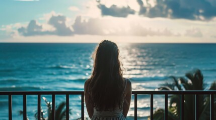 Woman looking at ocean from balcony - obrazy, fototapety, plakaty