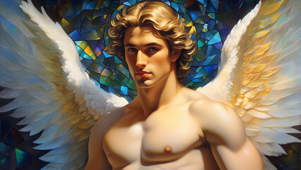 Handsome Angel, shirtless male angelic being, blond, intense stare, stained glass effect background
