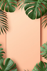 Fototapeta na wymiar Green monstera, tropical leaves frame on peach colored background, color of the year peach fuzz