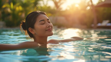 Young asian woman relaxing in swimming pool at spa resort.relaxing concept.
