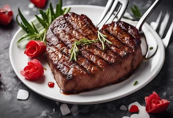 Rolgordijnen  meat fork background stone grilled shaped beef steak Heart © akkash jpg