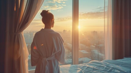 Young woman in bathrobe wake up in modern bedroom open curtains enjoy good morning. Female awake at home or hotel sun shines on her from the big window and city scenery in the window. - obrazy, fototapety, plakaty
