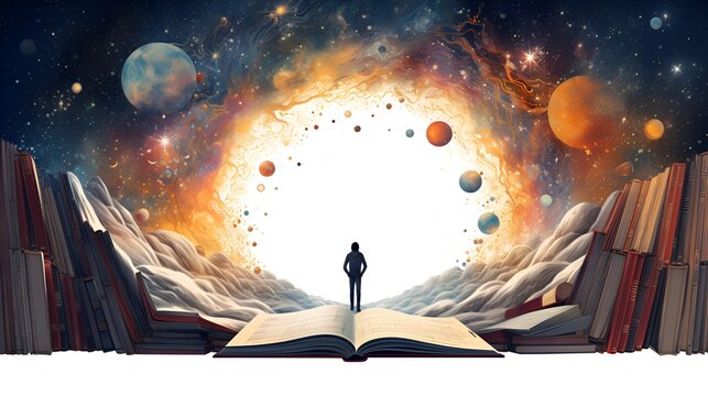 Journey Through Knowledge Man Entering a Giant Book Creating a Universe in Vector Art