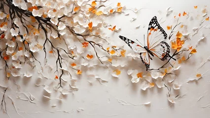 Papier Peint photo Papillons en grunge butterfly floating in the wind through the branches of a tree with oil paints. Gorgeous white background