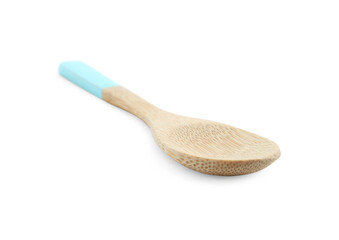 Wooden spoon with light blue handle isolated on white. Cooking utensil