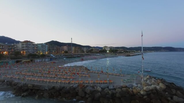 Loano, Italy, Townscape with Marina beach on sea shore at summer
