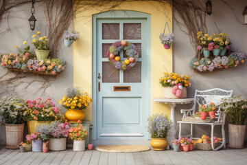 Cute and cozy colorful house decorated for Easter, front porch with spring flowers and colored Easter eggs - obrazy, fototapety, plakaty