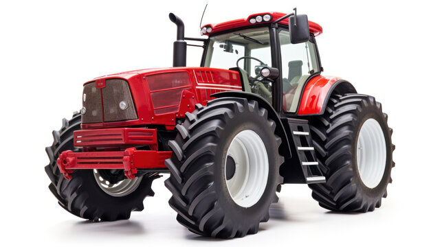 Big red agricultural tractor, front view isolated on transparent and white background.PNG image.
