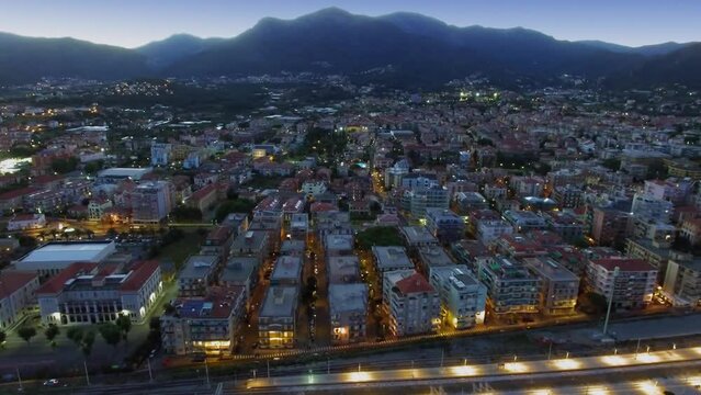 Loano, Italy, Townscape with railway and sea beach at summer 