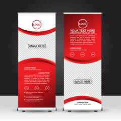 Red and white theme Roll Up Banner template, standing banner design, advertisement, flyer and display. Vector Design.