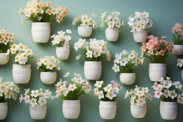 Fototapeta na wymiar Spring flowers in white pots hanging on a pastel background, daffodils and peonies