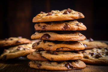 Stack of chocolate chip cookies with chocolate chips and pieces and flaky salt