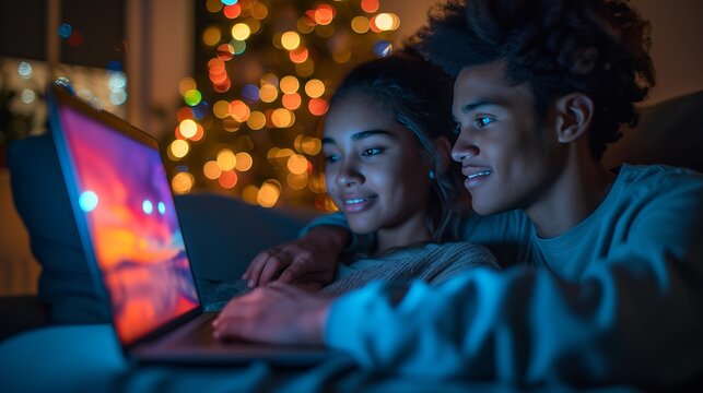 Multiracial couple bonding while spending quality time, watching laptop on cozy home sofa